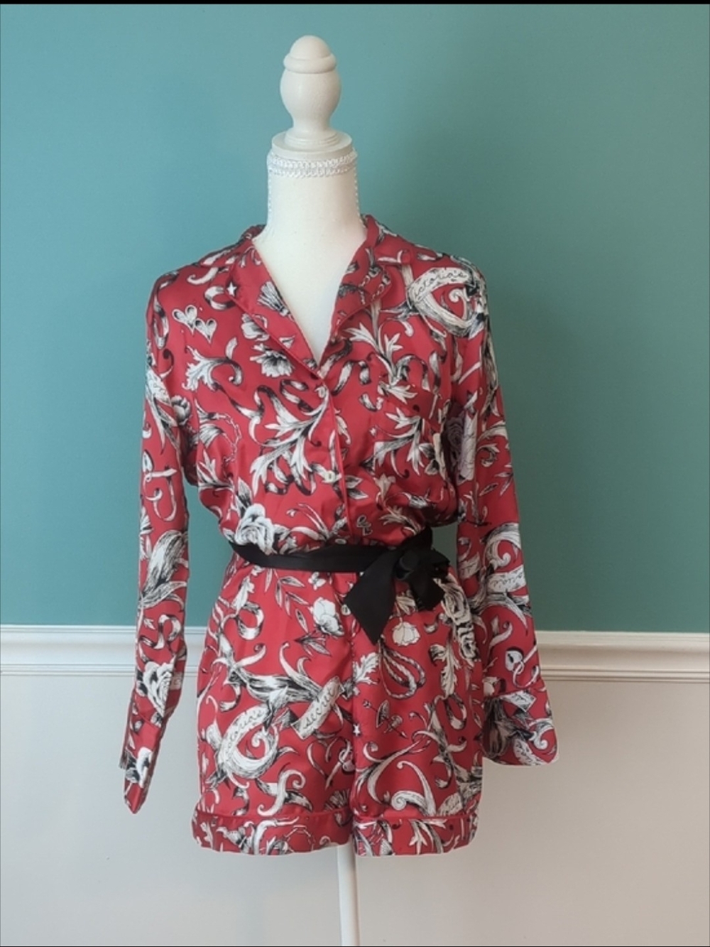 Victoria's Secret Red Floral Button-Front Silk Pajamas Romper, XS
